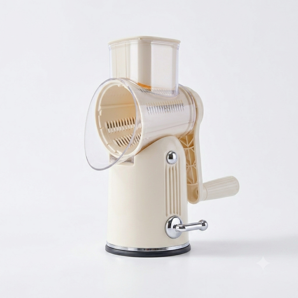 StormSlicer 5-in-1 rotary vegetable grater and slicer on a kitchen counter
