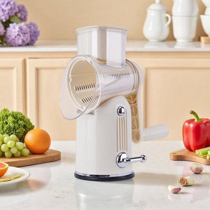 StormSlicer 5-in-1 rotary grater with clear hopper and chrome crank handle